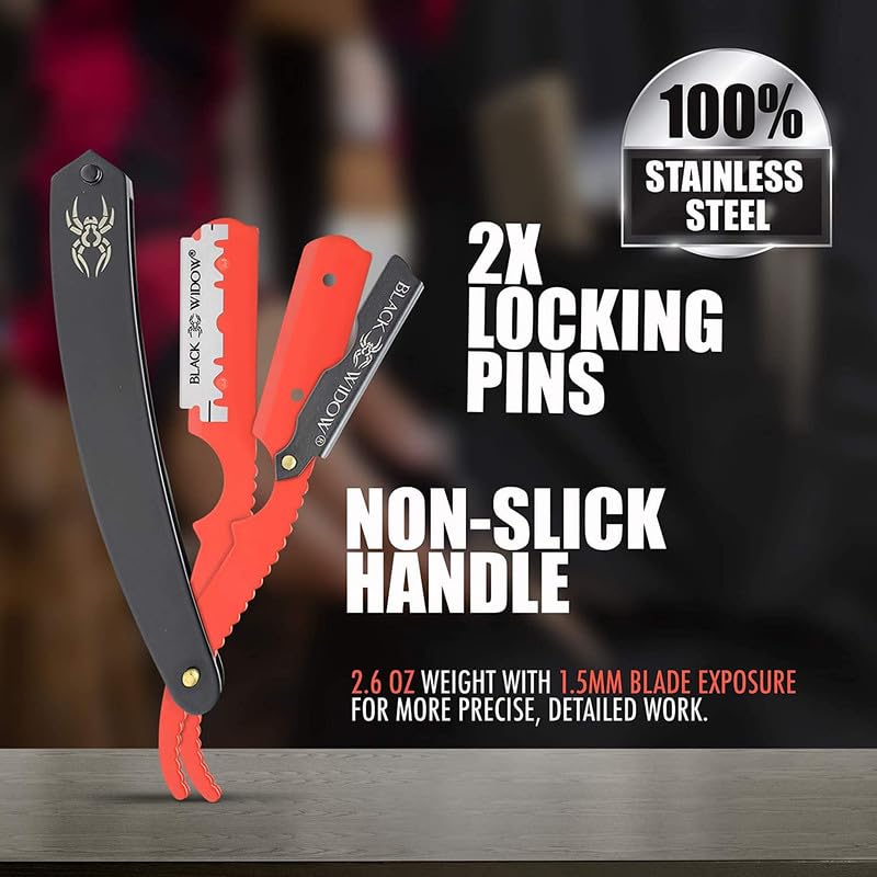 Black Widow Professional Barber Straight Edge Razor â€“ Stainless Steel Shavette, 1.5 mm Blade Exposure, Matte Black & Red, 10 Double Edge Blades (20 Single-Edge) for Lineups & Beard Shaping - Image 2
